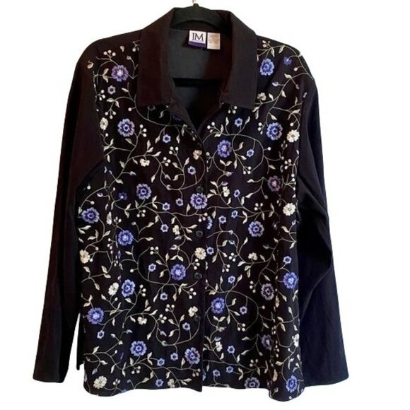 JM Collection XL Button Up Long Sleeve Black Top with Purple Flowers - Picture 1 of 7